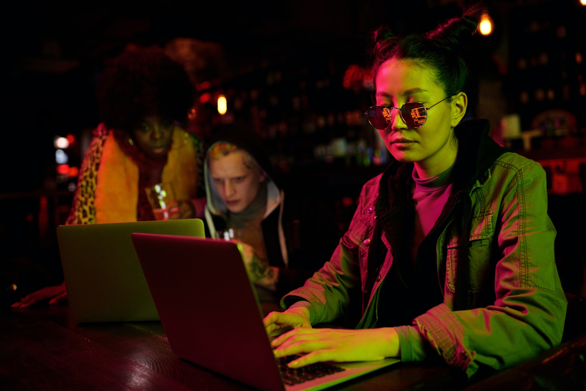 group of people on computer background